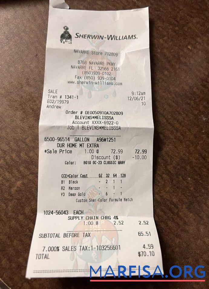 Printable Sherwin Williams company payment receipt template